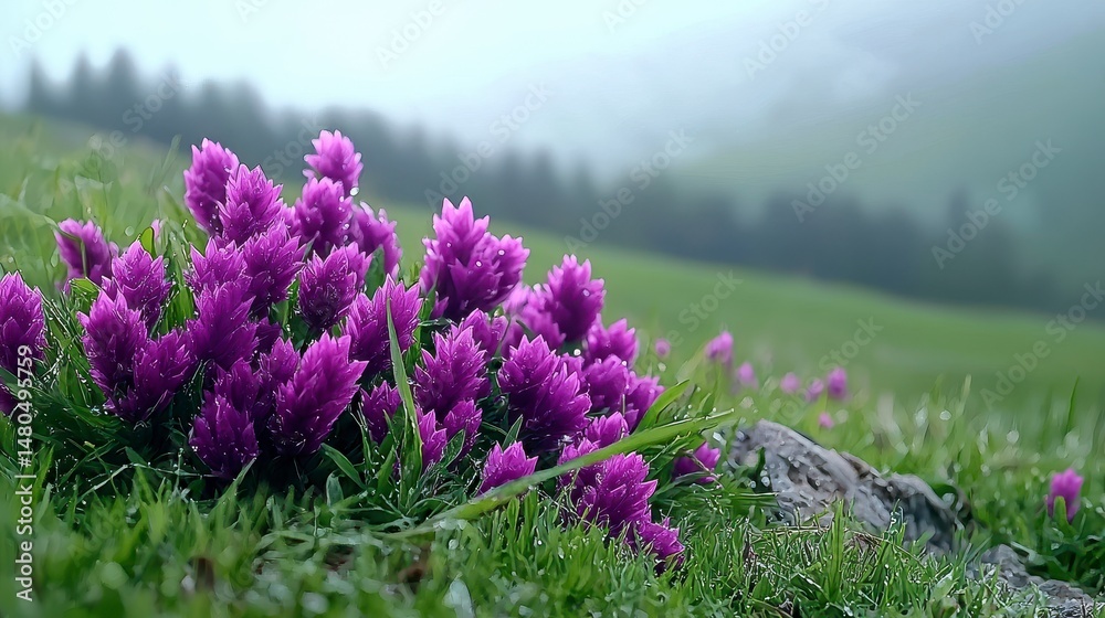 Obraz premium Misty Meadow with Vibrant Purple Wildflowers