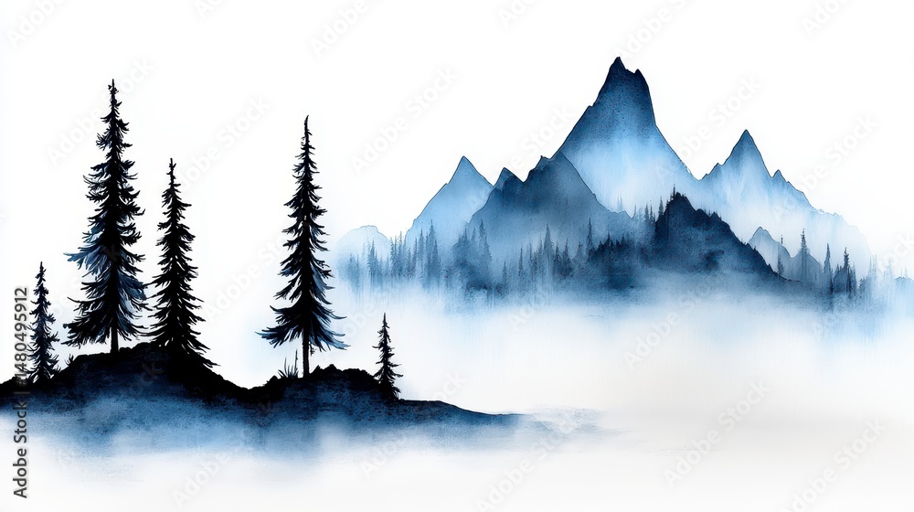 Fototapeta premium Misty Mountain Range Watercolor Landscape Painting