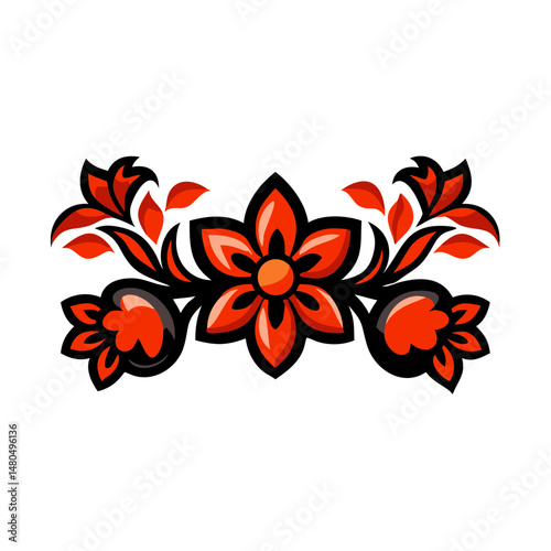A design in red and orange with a red flower 