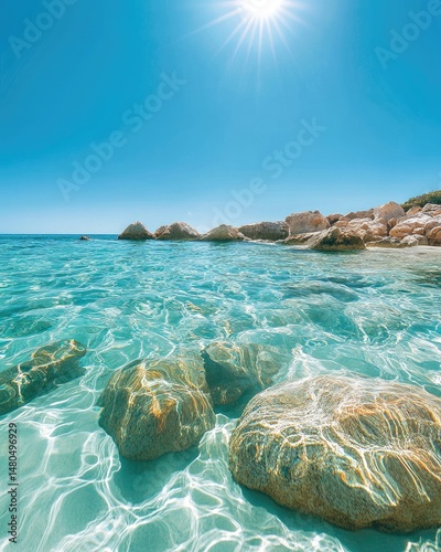 Sun-drenched beach with crystal-clear turquoise water and smooth rocks partially submerged