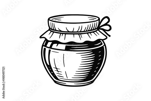 Vector sketch of glass jar with fabric cover and ribbon