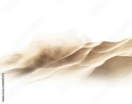 Desert sandstorm, beige dunes against white background.  Sand particles in the air photo