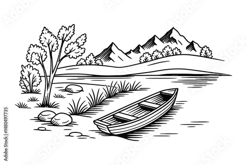 Drawing of a boat in a lake with mountains and trees in the background.