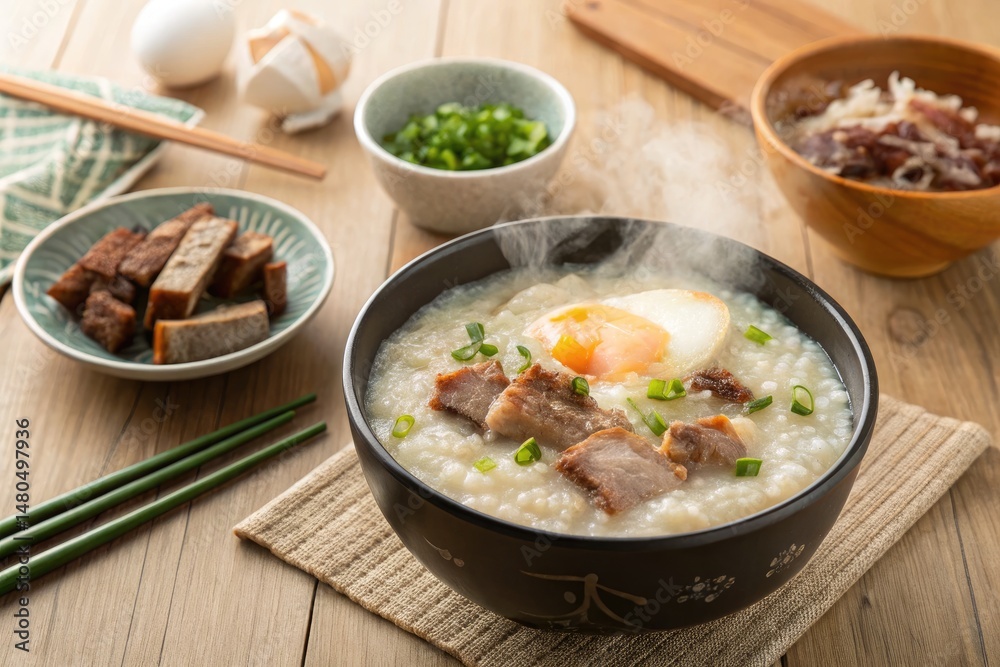 Rice Porridge With Pork and Egg Served in a Cozy Setting Generative AI Rice Porridge With Pork and Egg Served in a Cozy Setting Generative AI