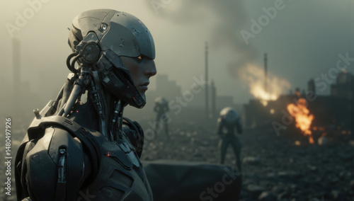 Futuristic robot stands in desolate, smoky landscape with fires burning in background, evoking sense of dystopian tension. Other robots are visible amidst ruins
