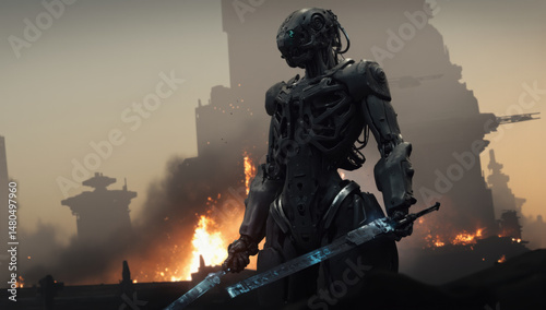 Futuristic robot warrior stands amidst fiery, post apocalyptic landscape, holding sword. scene is dramatic and intense, with flames and dark, towering structures in background