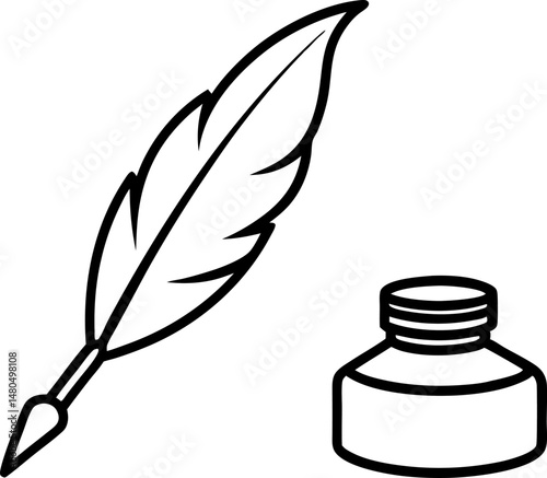 Quill Pen  Inkwell Line Art Vector Illustration