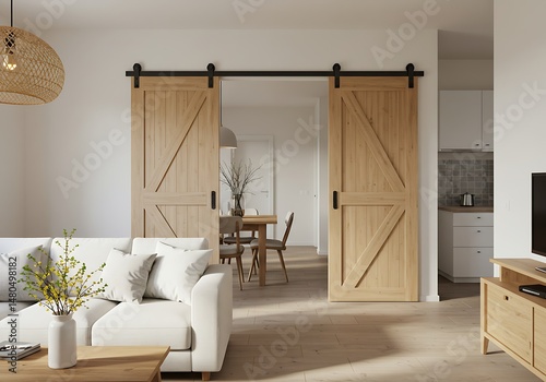 Living room interior with sliding barn doors and white sofa, creating an open space