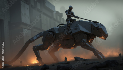 Futuristic scene depicts robotic panther being ridden by humanoid figure, set against misty, industrial backdrop. atmosphere is tense and dramatic, with glowing elements