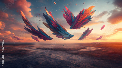 Vibrant abstract feathers floating above a serene river at sunset, creating a surreal and colorful landscape
