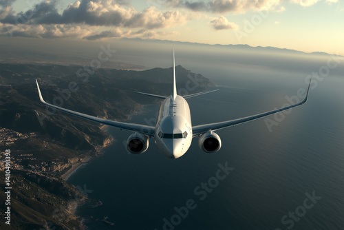 Large passenger plane flying through the sky with majestic mountains and the vast ocean in the background, capturing the essence of travel, freedom, and global connection.
