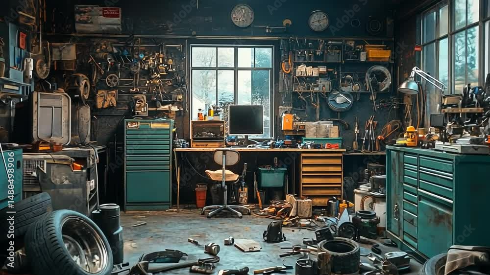 Messy Mechanic's Workshop: A cluttered garage filled with tools, tires, and equipment, showcasing a blend of organized chaos and mechanical expertise.