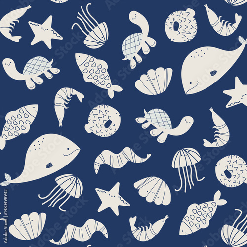 Vector seamless template with cute marine animals. Sea animals, ocean fish.  Whale, turtle, jellyfish. Perfect for kids bedding, fabric, textiles, t-shirt wallpaper prints, wrapping paper.
