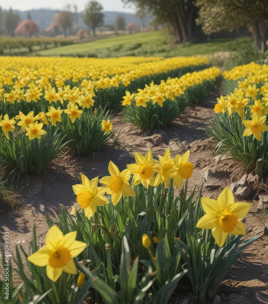 Fototapeta premium Sunny day, vibrant daffodils blooming in a picturesque countryside field , daffodil field, macro, flora