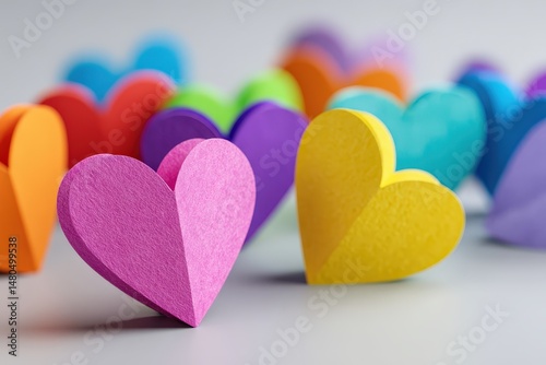 Colorful paper hearts on a soft-focus background.