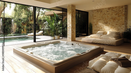Luxurious indoor spa room with a bubbling hot tub, natural stone walls, large windows overlooking a lush garden, and comfortable lounging areas.  
