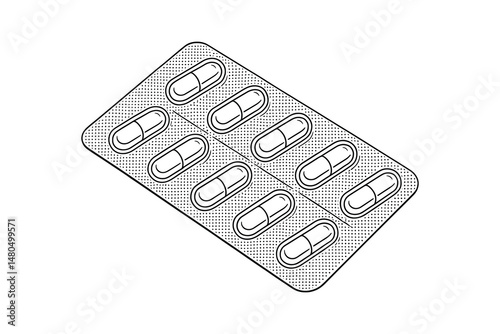 Blister pack with ten pills, medicine outline art drawing.