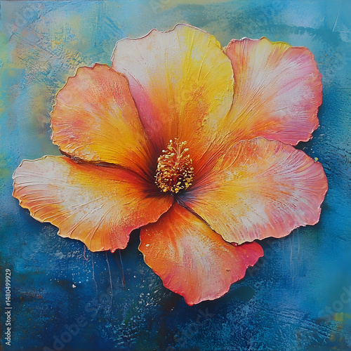 Vibrant close-up of a blooming hibiscus flower with vivid orange and yellow petals against a serene blue background