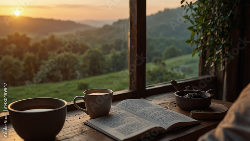 Man journaling with a cup of tea at sunr