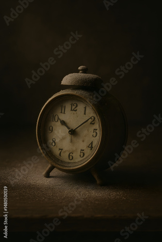 Vintage alarm clock on wooden surface in low light setting  