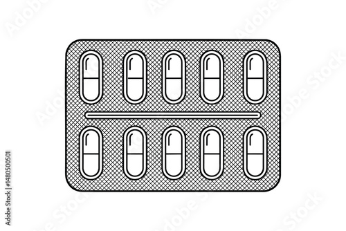 Vector art of blister pack with pills. Capsule medication outline drawing.