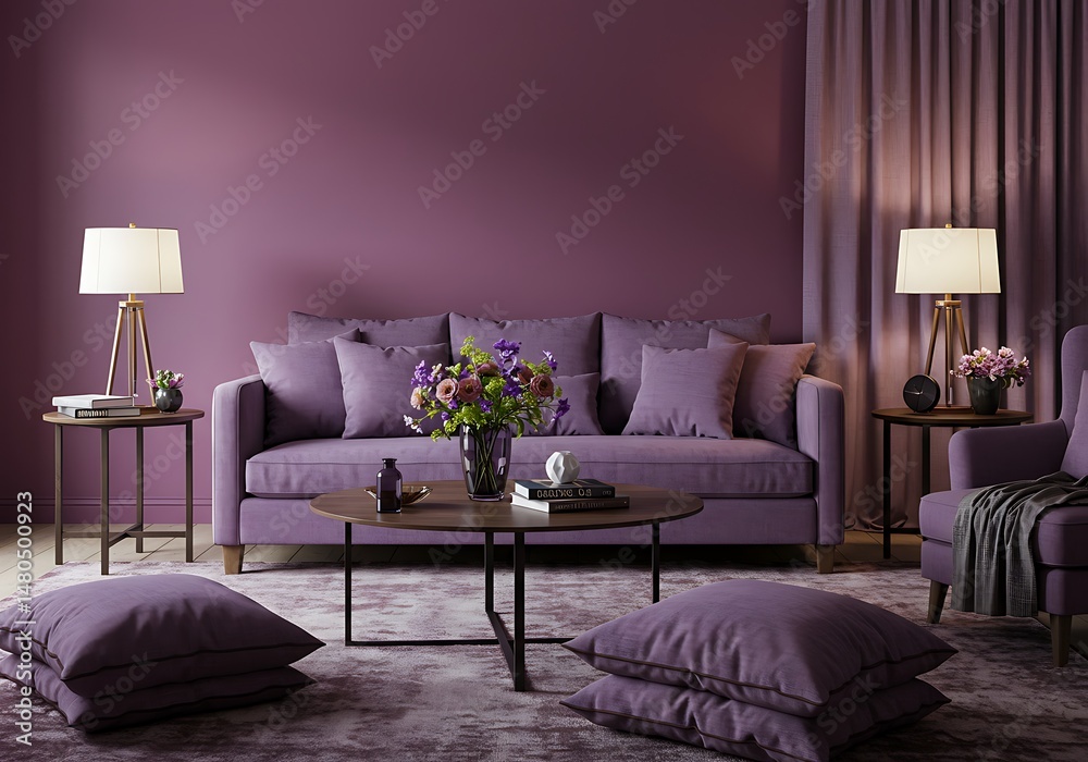 Purple living room interior with sofa, pillows, coffee table and lamps Purple living room interior with sofa, pillows, coffee table and lamps