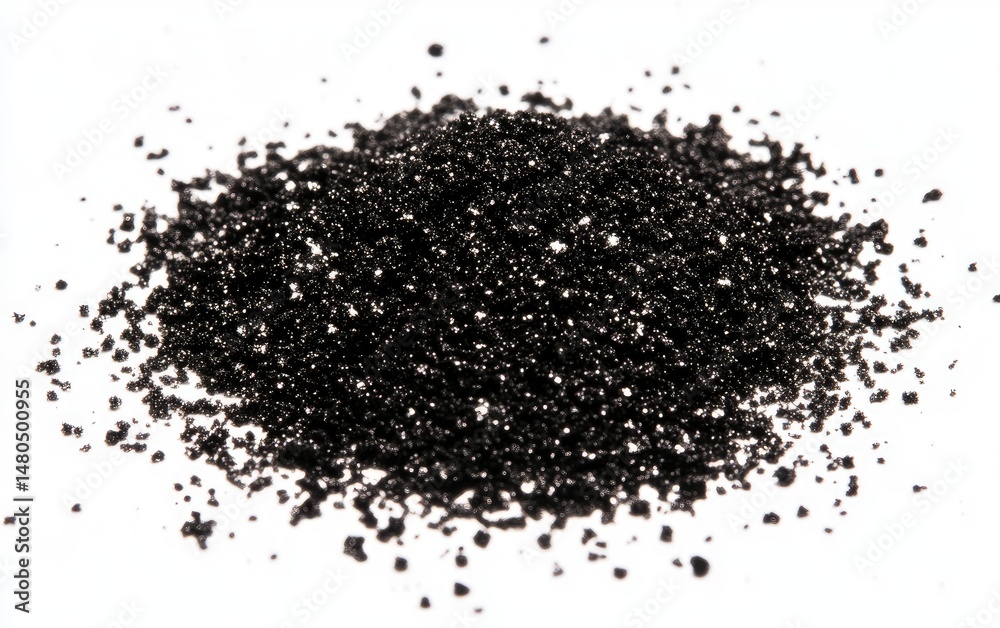 Dark, fine granular substance, scattered on a white background. It appears to be a powder or small particulates Dark, fine granular substance, scattered on a white background. It appears to be a powder or small particulates