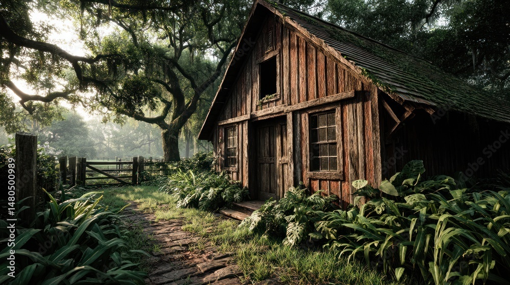 Wooden cabin in forest landscape Wooden cabin in forest landscape