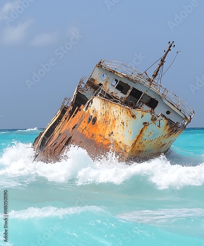 Rusted Shipwreck Bathed in Turquoise Waves