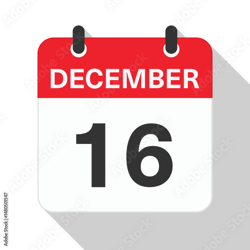 December 16 Daily Calendar. Red Theme on White Background.
