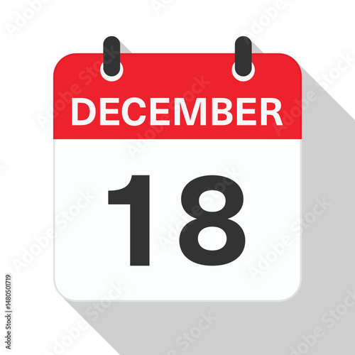 December 18 Daily Calendar. Red Theme on White Background.