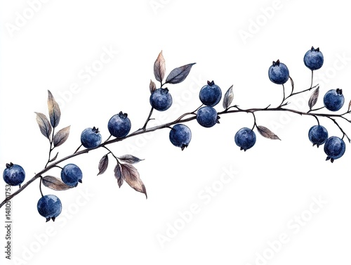 Watercolor illustration of a blueberry branch with leaves.  Clusters of dark blue berries hang on a thin, brown stem.  Delicate, muted autumnal colored leaves complement the berries
