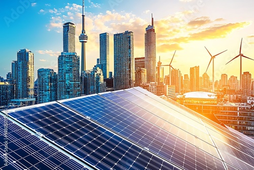 Toronto Skyline Solar Panels and Wind Turbines at Sunset