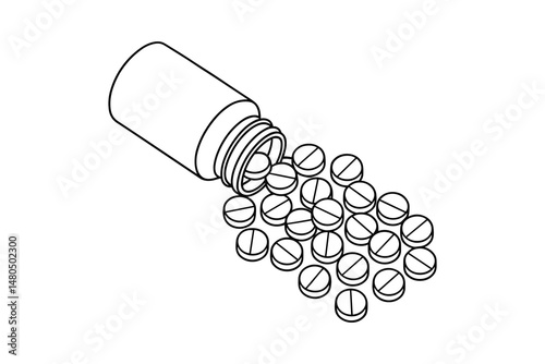 Black and white line drawing of medicine pills and a bottle vector.