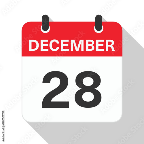 December 28 Daily Calendar. Red Theme on White Background.
