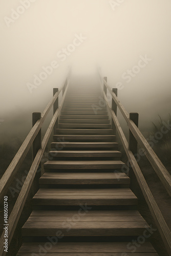 Wooden stairs leading into foggy atmosphere in a serene landscape  