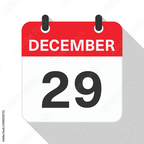 December 29 Daily Calendar. Red Theme on White Background.