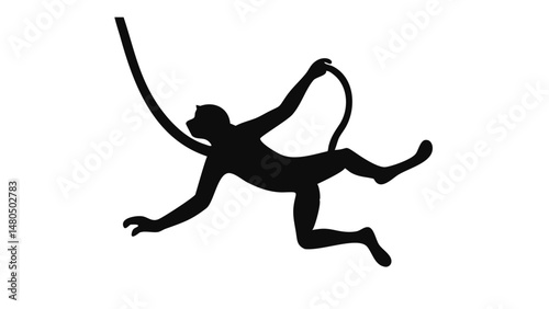 Monkey Silhouette Swinging on Vine Vector Graphic