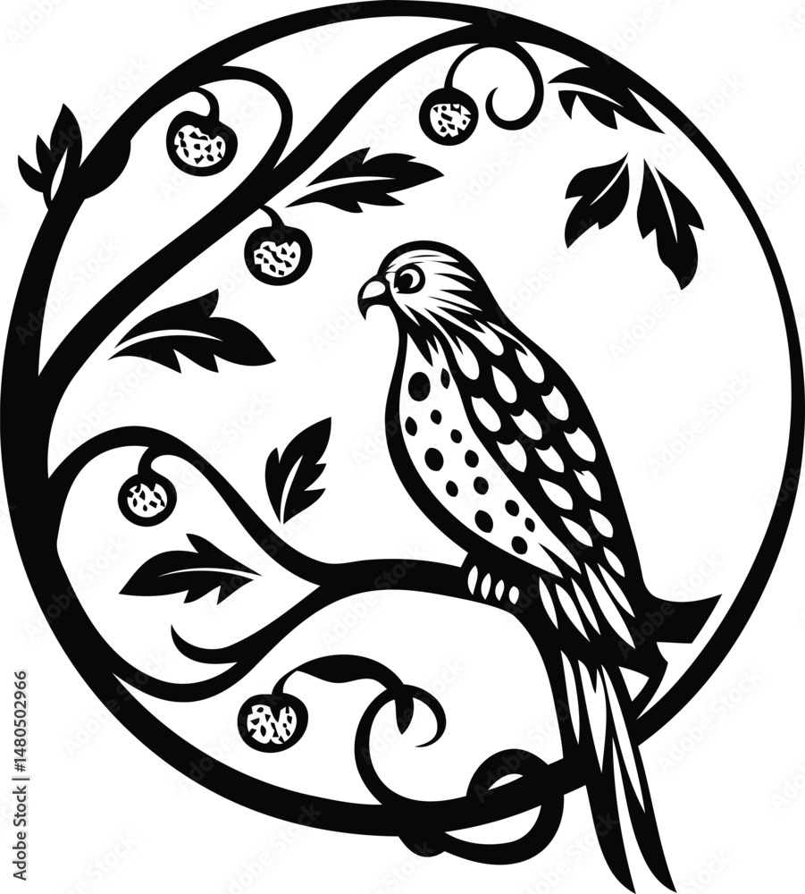 Obraz premium A bird perched on a curved tree branch high quality vector illustration, a bird perched on a curved tree branch silhouette and line art vector