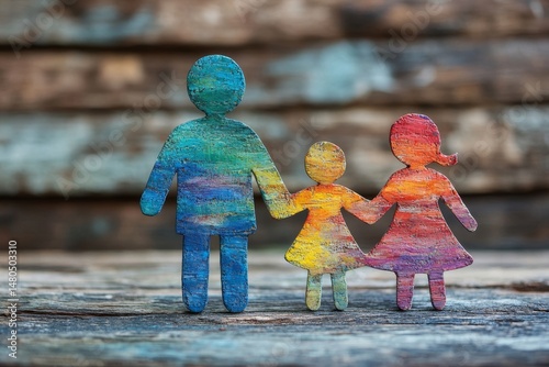 A heartwarming depiction of family unity is embodied in a colorful cutout, with an intimate embrace standing as a symbol of love and togetherness, set against the backdrop of a rustic wooden texture.