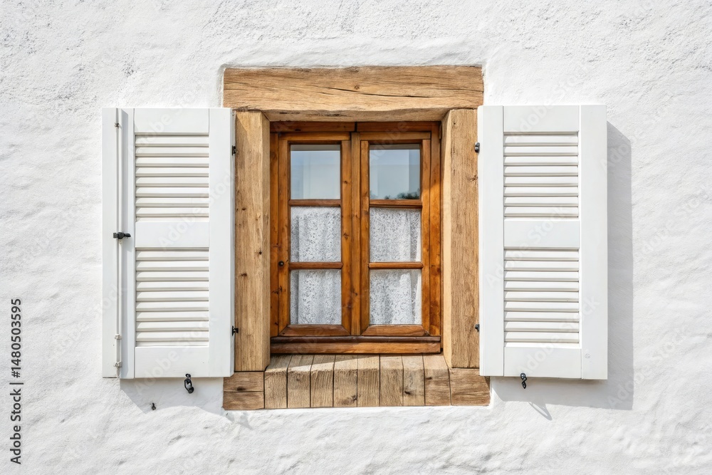 Fototapeta premium Wooden Window With White Shutters on a Charming White Wall Generative AI