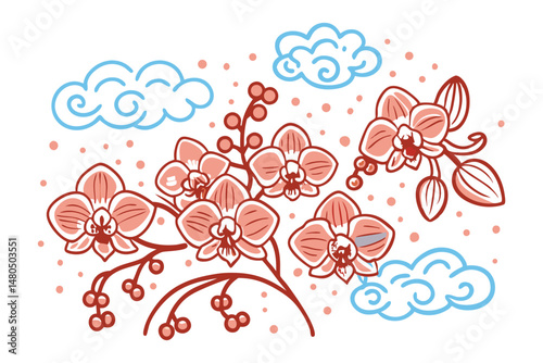 Orchid flowers rendered with soft bubble-edge cloud forms