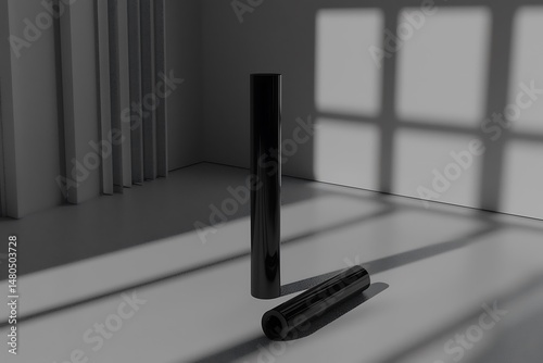 Monochromatic Still Life: Black Cylinders in Sunlit Room