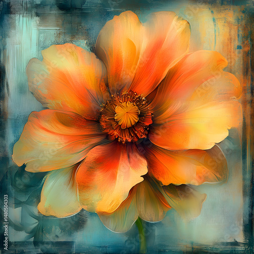 Vibrant orange flower in full bloom against a textured blue-green background, evoking a sense of tranquility and beauty