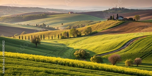 Rolling Hills of Lush Green Fields with a Patch of Golden Yellow Flowers at Sunset