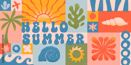 Summer concept illustration with nature organic shapes,doodles.Groovy boho palm,beach,surf,waves,sun,seashells graphic symbols and elements.Summer vacation background in simple funny style.