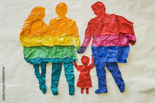 A family of four silhouetted with their hands clasped together, their bodies made of colorful fabric and paper.  The rainbow represents LGBTQ+ rights, with the family together.