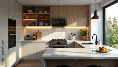 Sleek granite countertop kitchen, modern design , shiny, elegant, gray