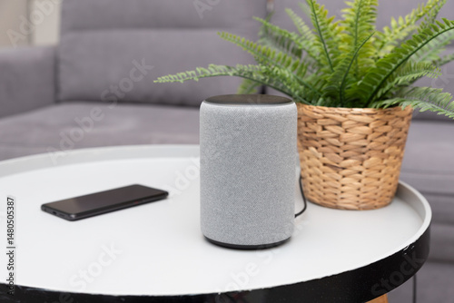 Smart speaker device in living room. Smart home.