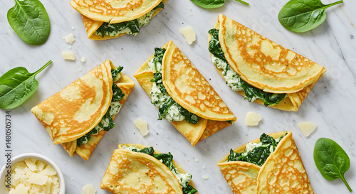 Savory Spinach Crepes With Cheese On Marble Surface For Healthy Food Concept